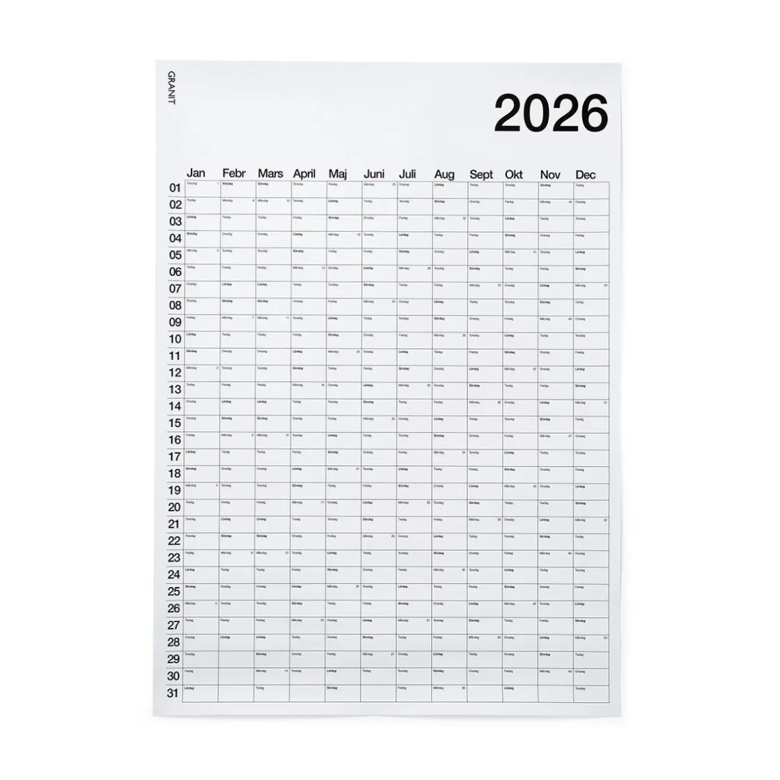 GRANIT Årsplan 50x70cm 2026- Kalendrar & Skrivblock