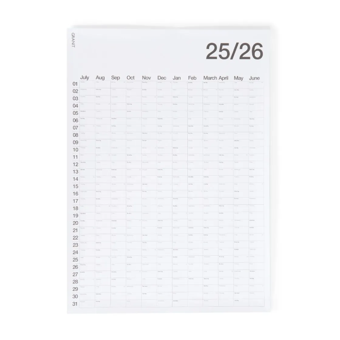 GRANIT Årsplan 50x70cm 2025/2026 Engelska- Kalendrar & Skrivblock